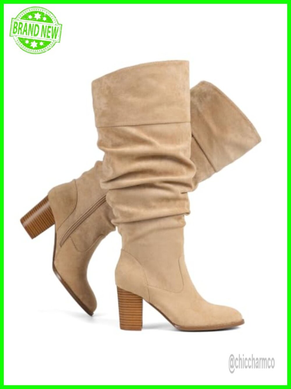 Wide Calf Suede Slouch Knee High Boots with Zipper Round Toe Block Heel